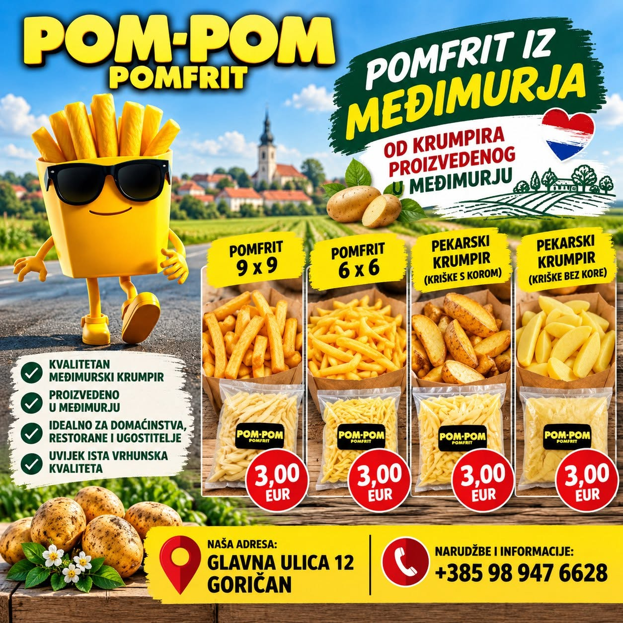 POM-POM promotivni plakat s maskotom, proizvodima, cijenama, adresom i kontaktom